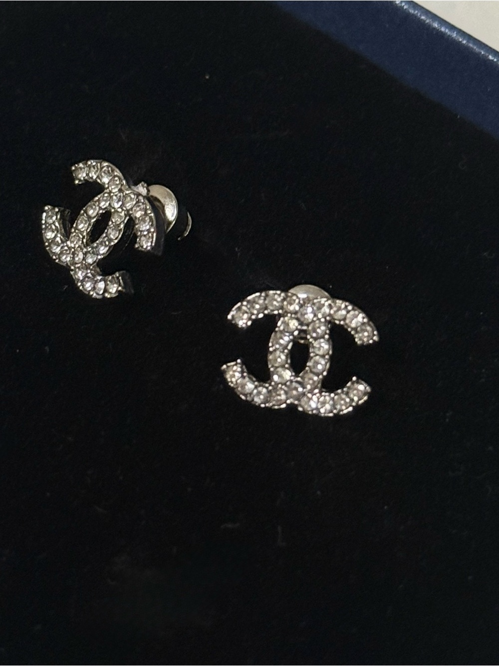 Interlocking Silver Crystal CC Logo Stud Earrings